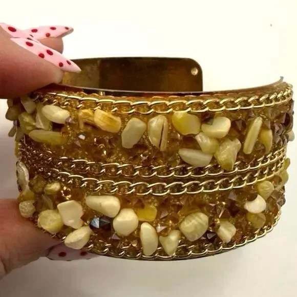 Vintage Gold‑Tone Beaded Bangle • Cream Resin & Amber Rhinestones • 2.75” Diam - Picture 5 of 9